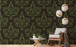 Elegant bedroom wallpaper showcasing deep green floral damask design for rich interior decor