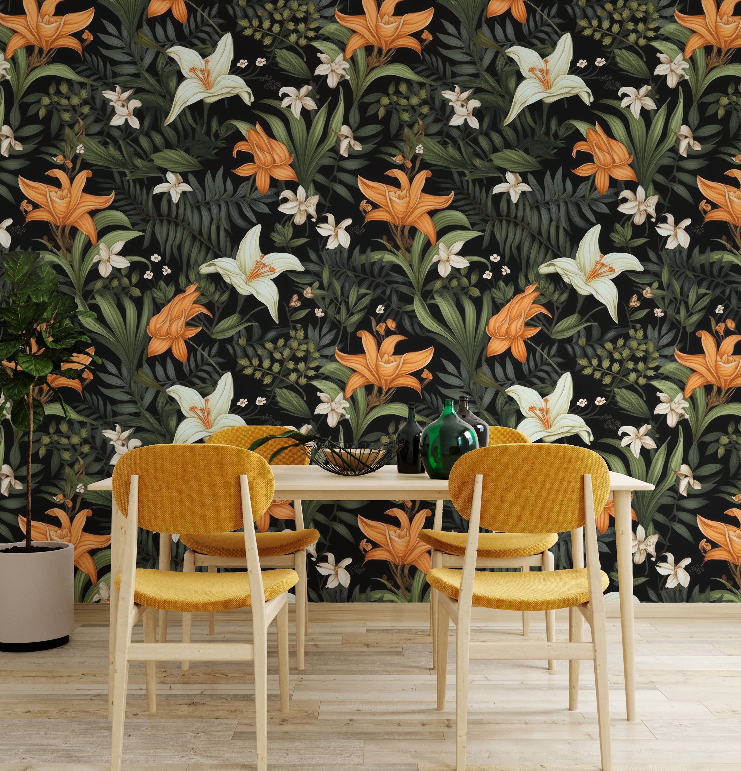Lush botanical lily design with rich tones ideal for dining area accent wall decor