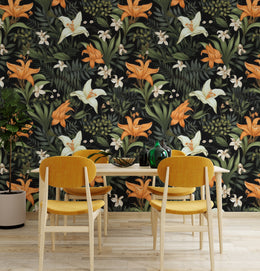 Lush botanical lily design with rich tones ideal for dining area accent wall decor