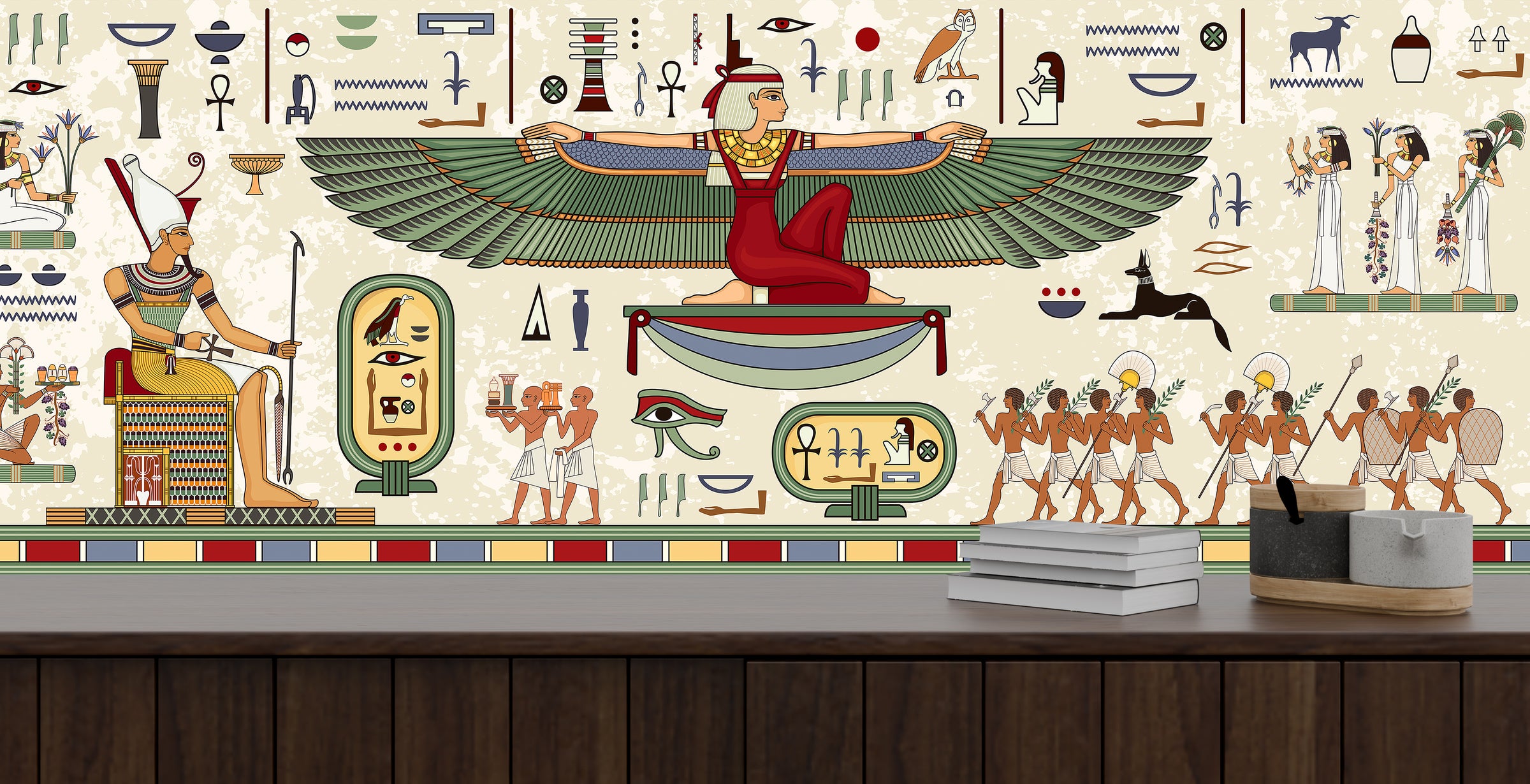 Egyptian themed accent wall showcasing winged deity and traditional symbols, perfect study room