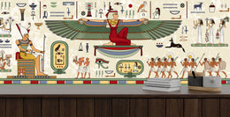 Egyptian themed accent wall showcasing winged deity and traditional symbols, perfect study room