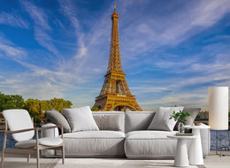 Romantic Paris skyline wallpaper with Eiffel Tower riverfront view for stylish apartment interior