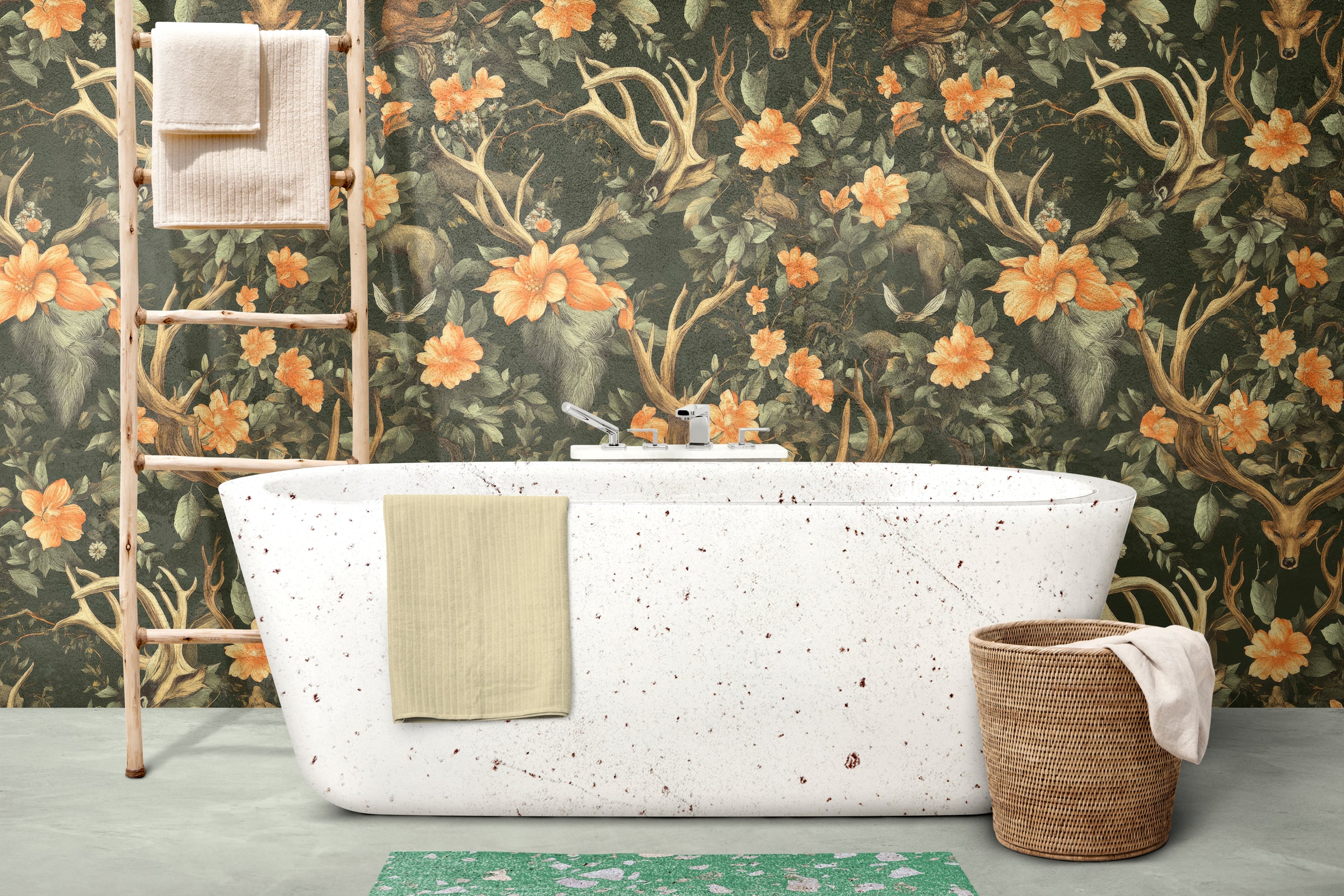 Green wildlife wallpaper with antlers, florals, nature theme for modern bathroom 