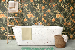 Green wildlife wallpaper with antlers, florals, nature theme for modern bathroom 
