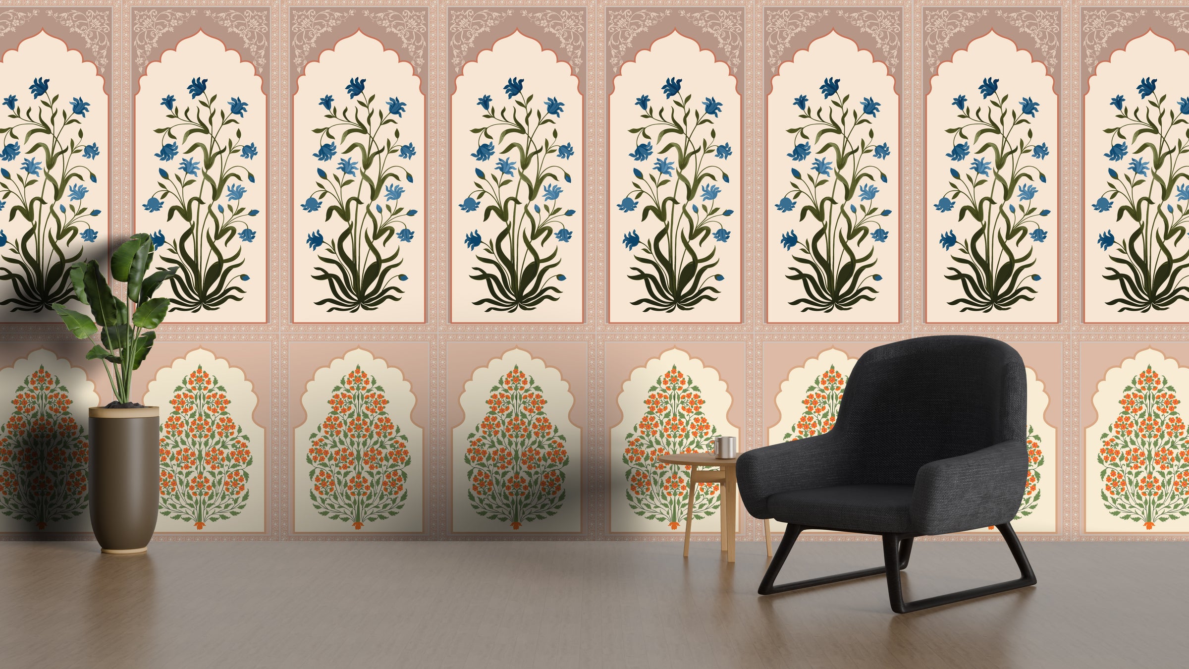 Stylish office accent wall showcasing Indian arch mural with detailed botanical vines in neutral tones