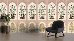 Stylish office accent wall showcasing Indian arch mural with detailed botanical vines in neutral tones