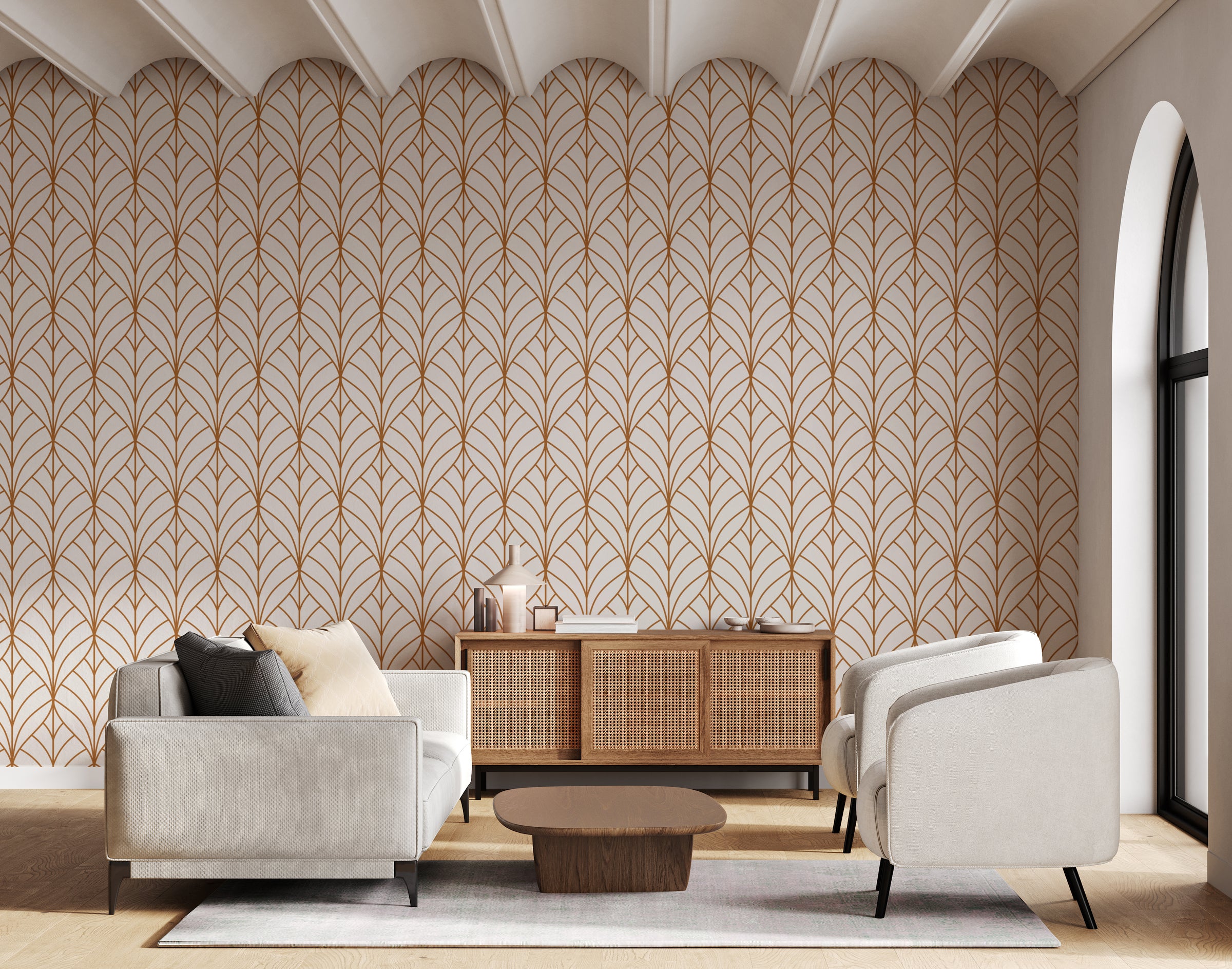 Rust Brown Leaf Wallpaper | Modern Repeat Pattern Art Deco | Peel And Stick