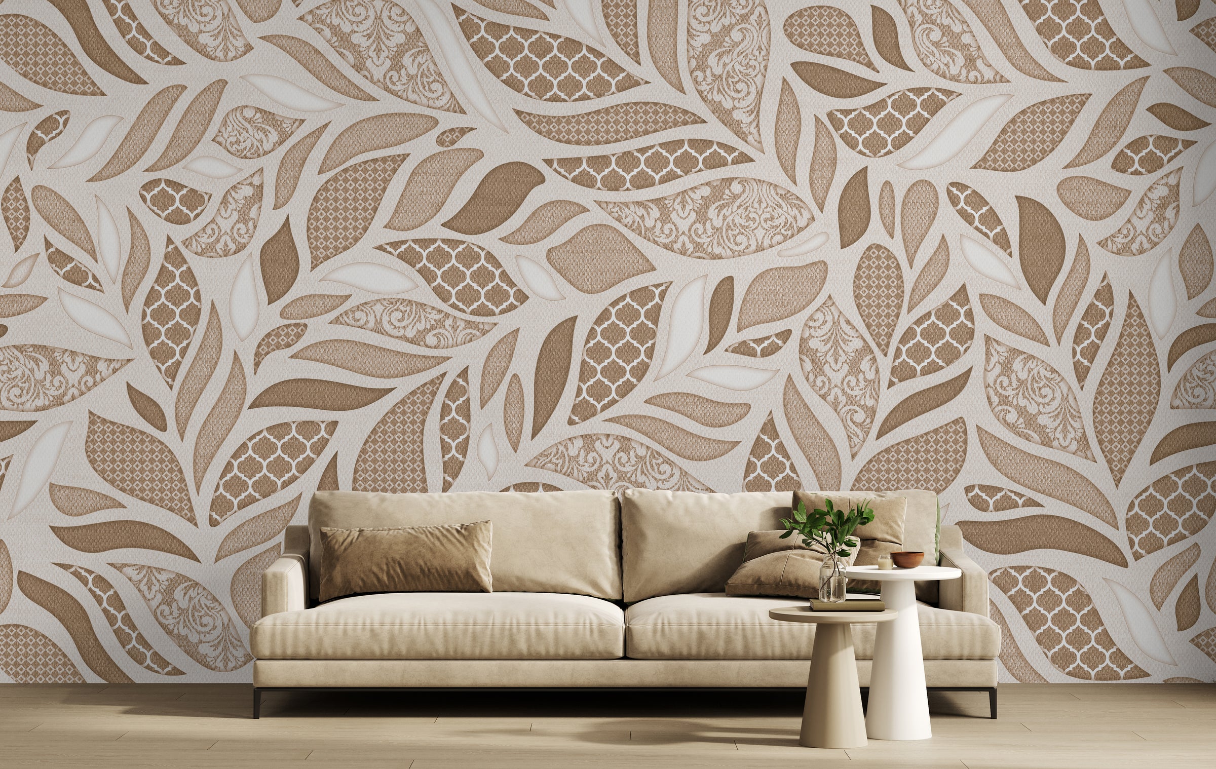 Beige Brown Leaf Design Wallpaper | Modern Botanical Style | Removable Wall Covering