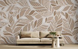 Beige Brown Leaf Design Wallpaper | Modern Botanical Style | Removable Wall Covering