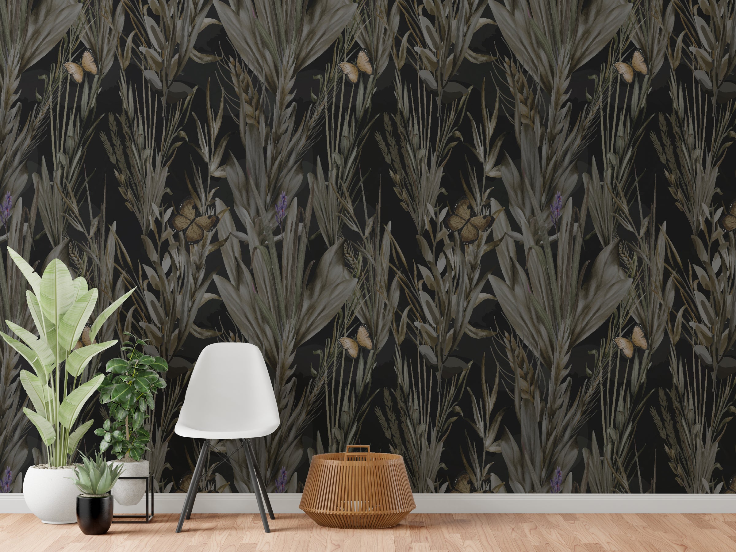 Modern studio interior with dark botanical wallpaper highlighting artistic foliage and butterfly details in muted black palette, ideal for design-focused spaces