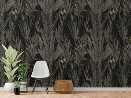 Modern studio interior with dark botanical wallpaper highlighting artistic foliage and butterfly details in muted black palette, ideal for design-focused spaces