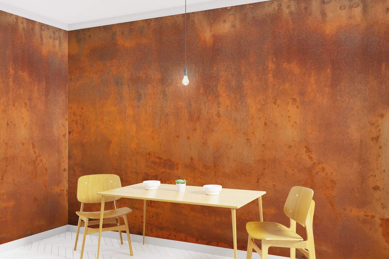 dern dining room wall mural with distressed rust effect in rich earthy orange finish