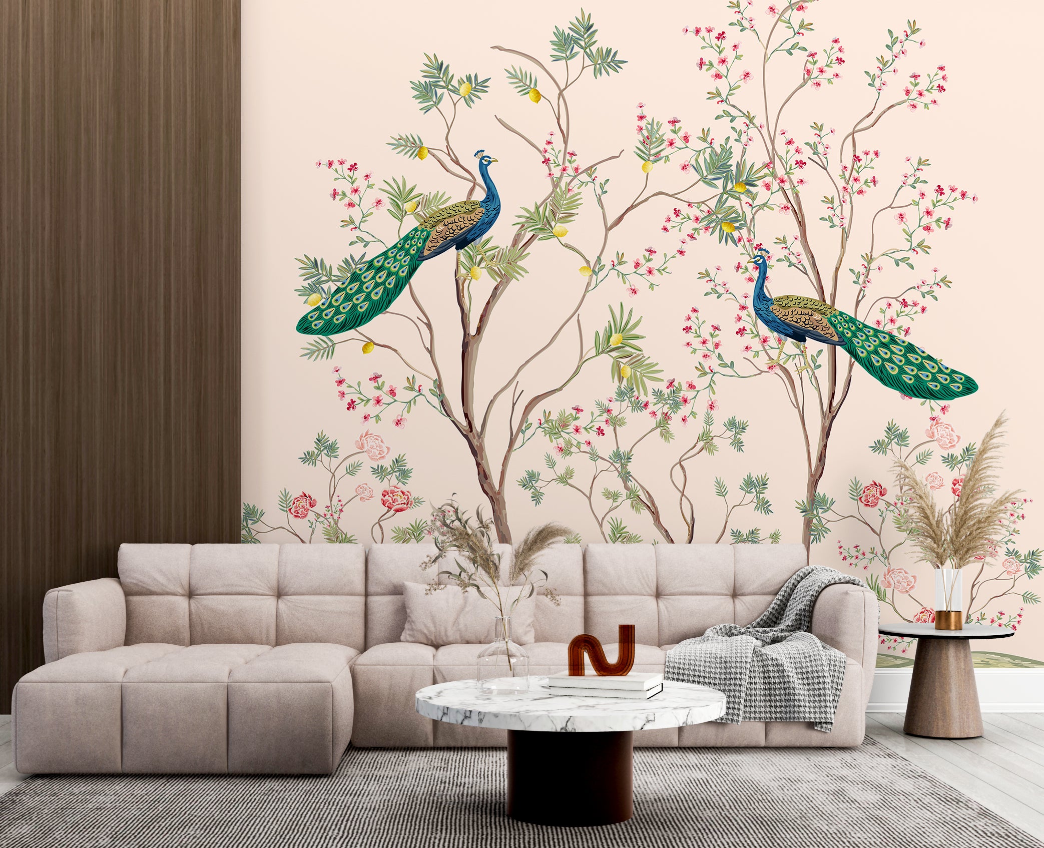 Elegant home office wall art with neutral tones, botanical branches, and striking peacock imagery