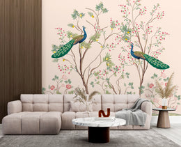 Elegant home office wall art with neutral tones, botanical branches, and striking peacock imagery