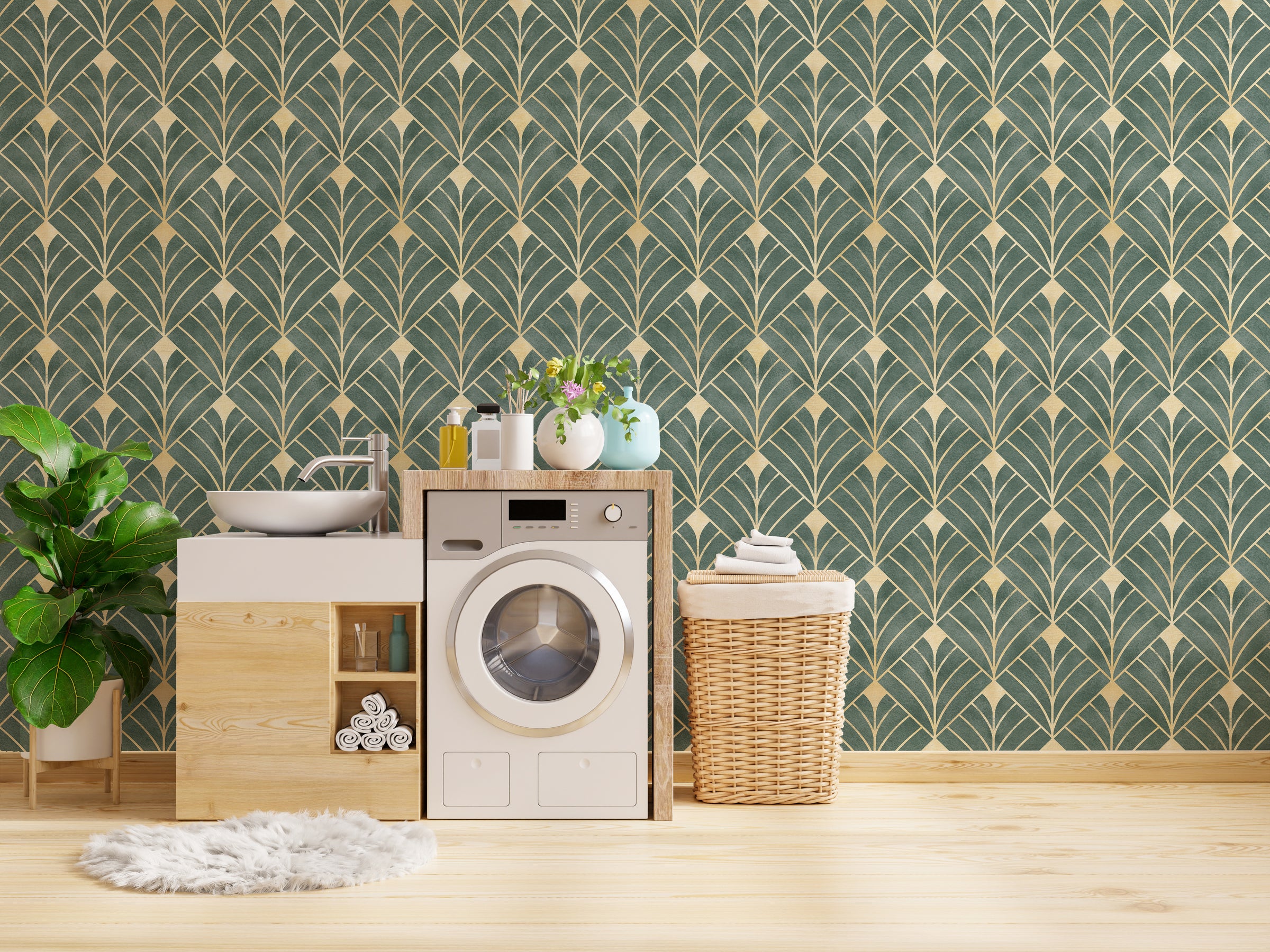 Green and Gold Art Deco Wallpaper | Removable Luxury Wall Decor