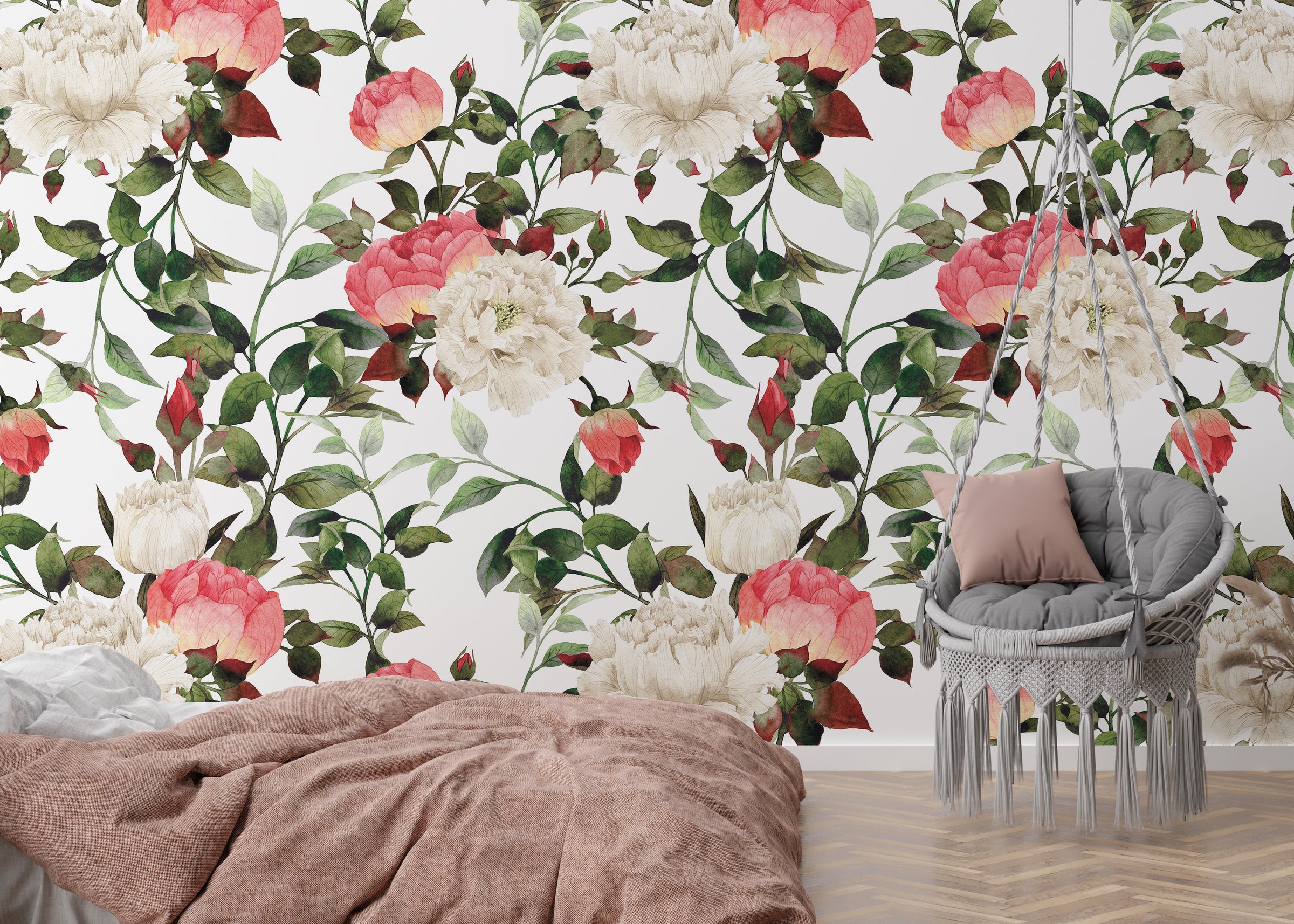 Elegant watercolor peony wallpaper in pink and ivory tones transforms modern bedroom decor space