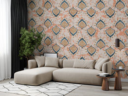 Elegant living room wall decor with Moroccan tile wallpaper, scallop motifs in terracotta teal peel and stick design, ideal for modern boho homes
