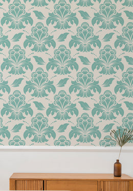 Teal damask wallpaper with floral pattern in modern living room accent wall decor