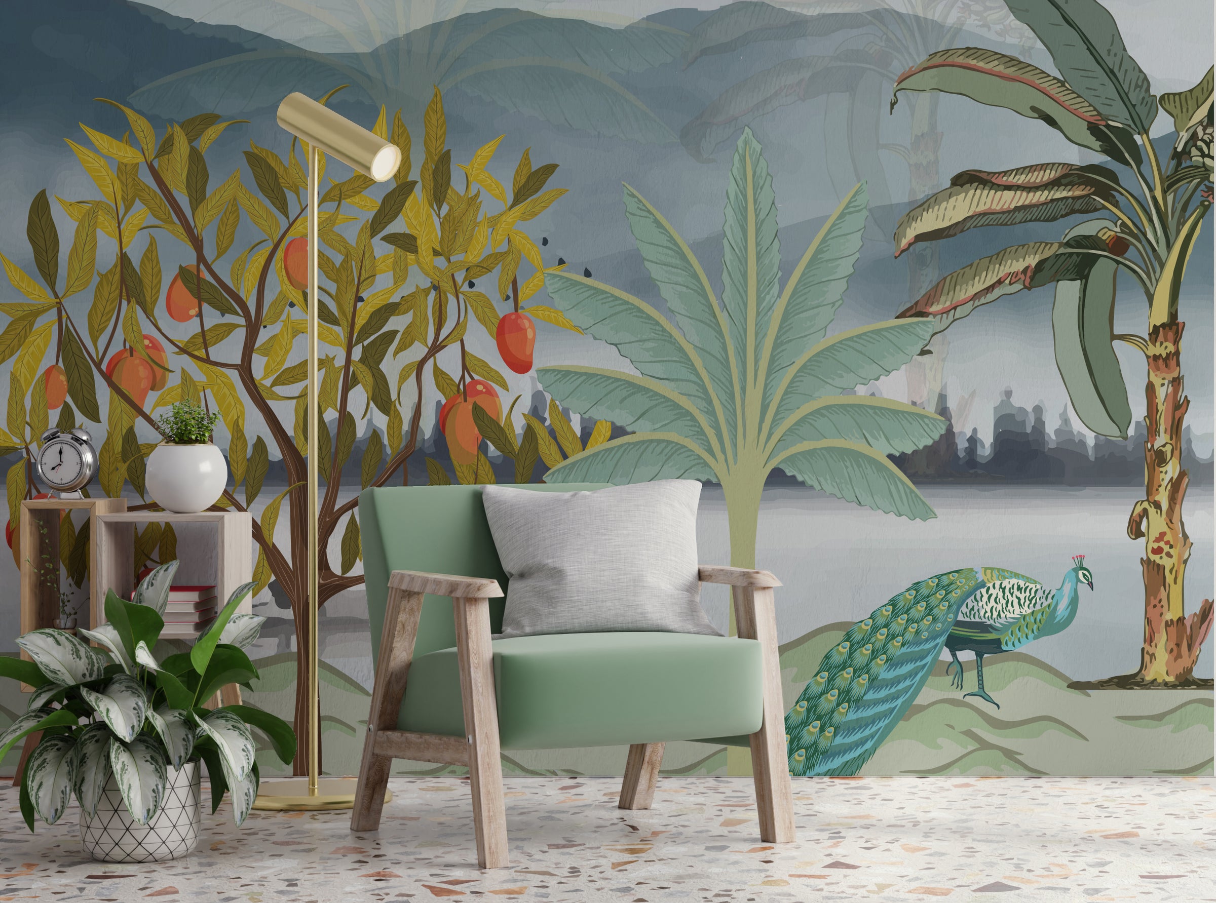 Tropical fruit tree wallpaper with green foliage and soft landscape for home decor