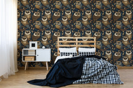 Luxurious owl pattern wallpaper in deep navy and brown for elegant bedroom interior