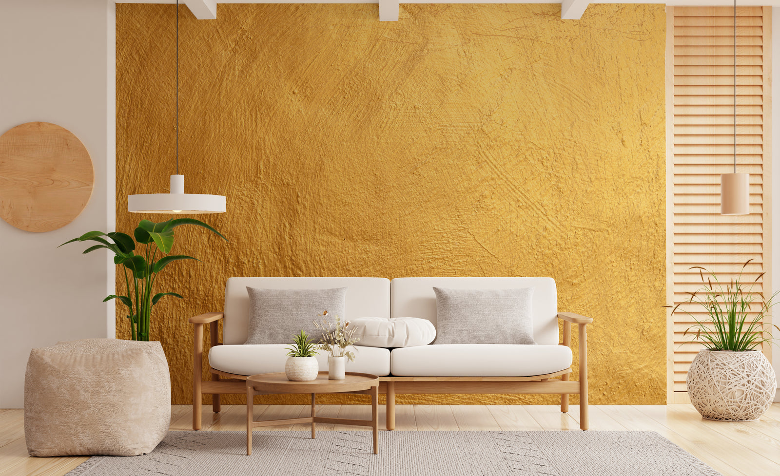 Warm rustic yellow textured wall for chic studio apartment interior with minimal decor