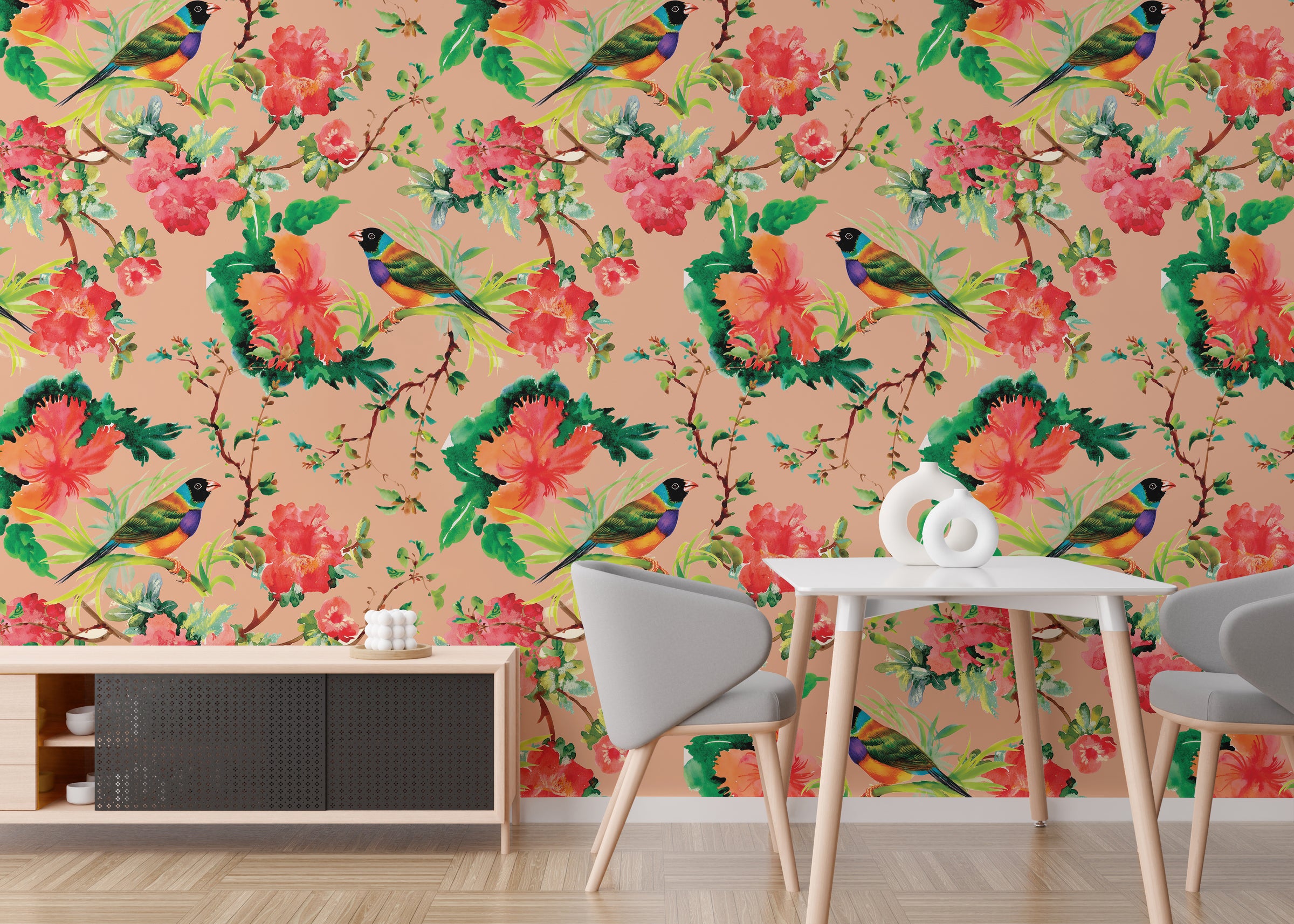 Modern bedroom accent wall wallpaper showcasing peach tropical birds and artistic floral mural