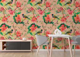 Modern bedroom accent wall wallpaper showcasing peach tropical birds and artistic floral mural