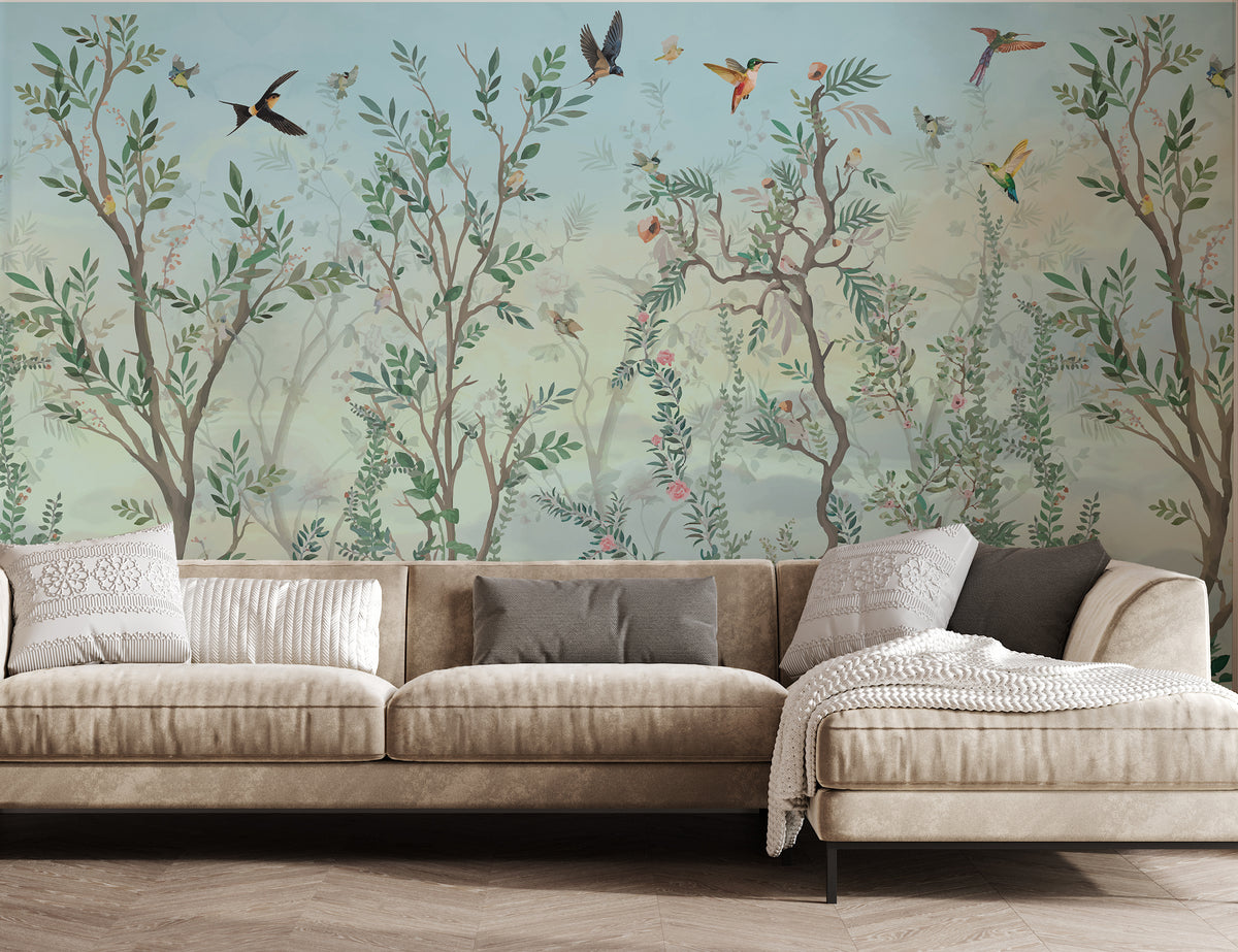Chinoiserie Garden Bird Wallpaper Sky Blue Green Peel Stick Wall Art