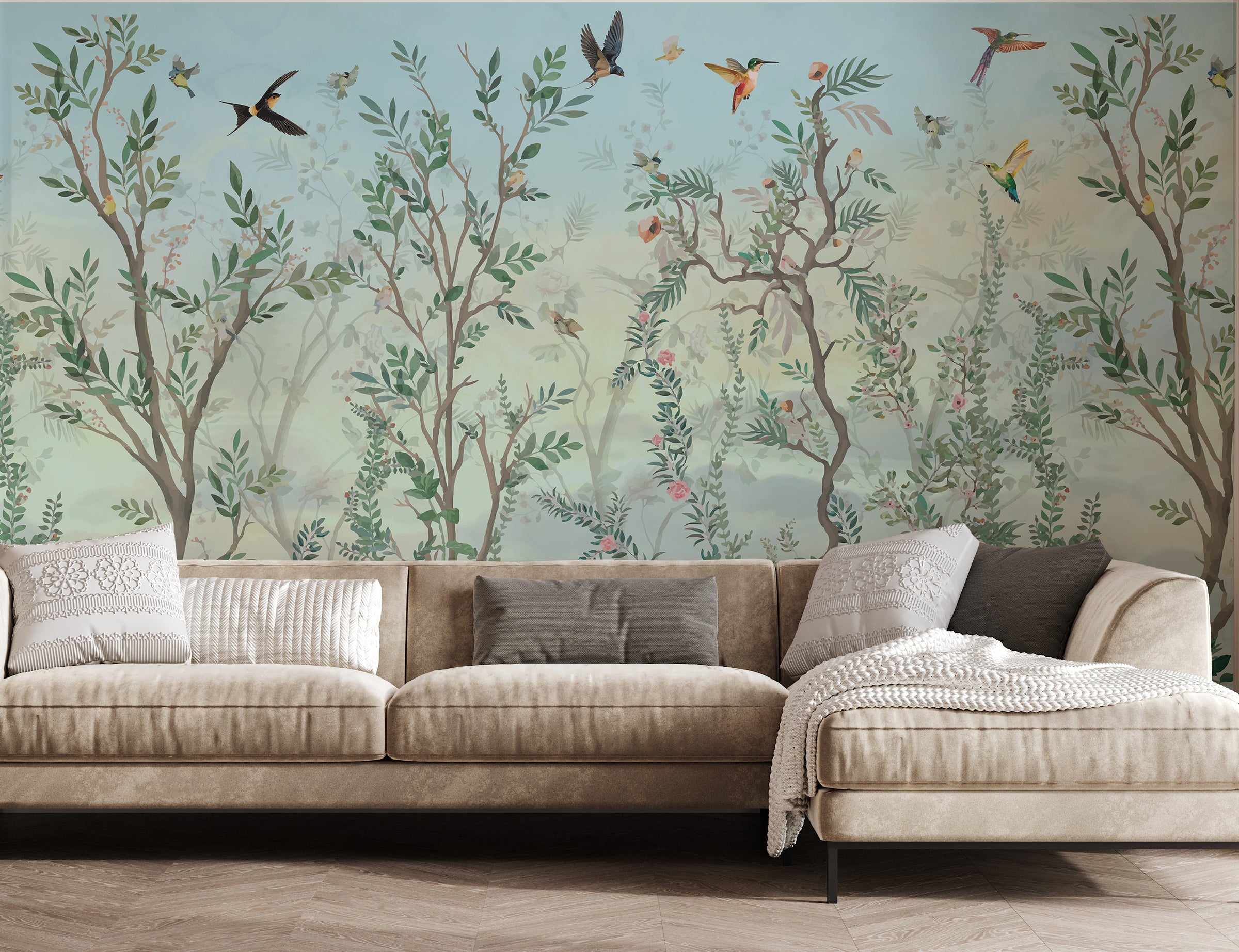 Elegant chinoiserie garden landscape wall mural featuring flying birds and soft pastel foliage for living room decor