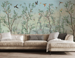 Elegant chinoiserie garden landscape wall mural featuring flying birds and soft pastel foliage for living room decor