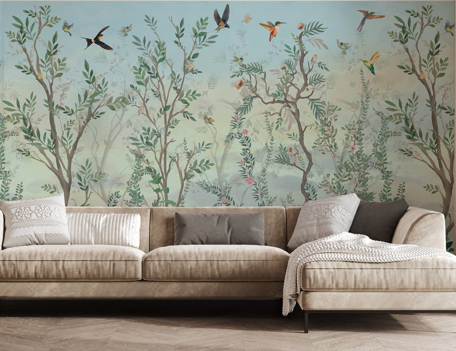 Chinoiserie Garden Bird Wallpaper Sky Blue Green Peel Stick Wall Art