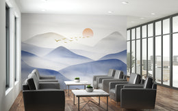 Eye-catching blue mountain wallpaper with layered hills, boosting productivity in home office space.