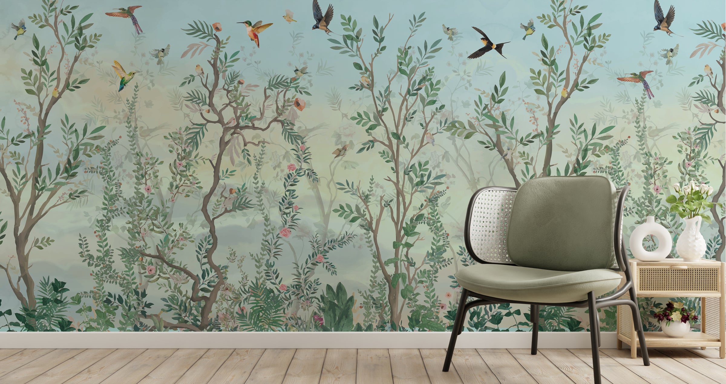 Artistic botanical garden wallpaper with flying birds and lush greenery bringing nature inspired interior design