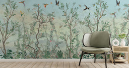 Artistic botanical garden wallpaper with flying birds and lush greenery bringing nature inspired interior design