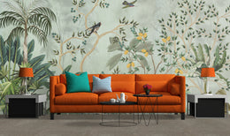 Luxury tropical bird mural with green lemon trees for living room decor