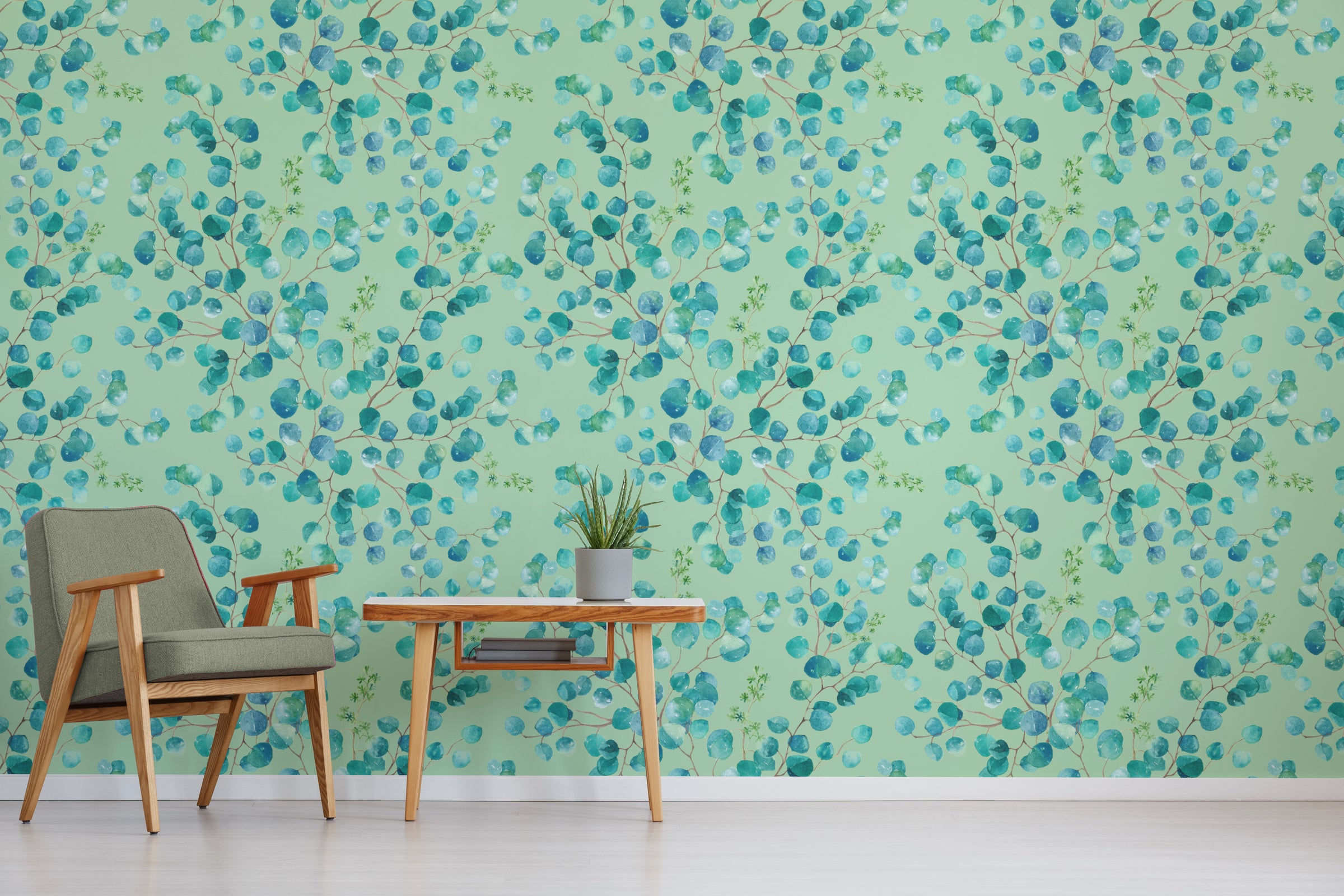 Watercolor Eucalyptus Leaf Design | Blue Green Foliage Peel and Stick Wallpaper