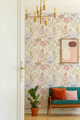 Romantic blush pink floral mural with vintage leaves for feminine dressing room decor