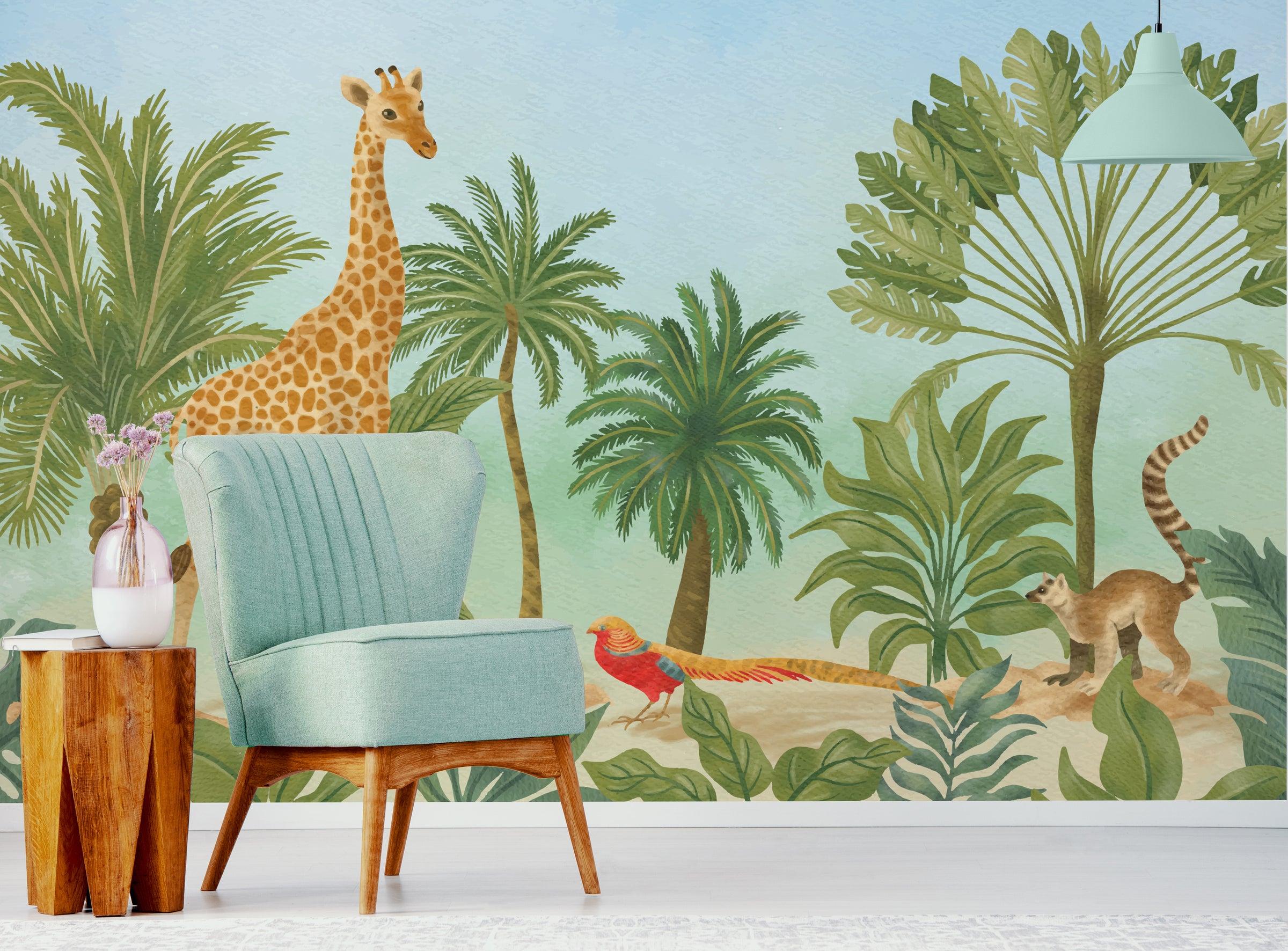 Animal safari wallpaper with giraffe, palm trees, neutral colors for nursery wall decor