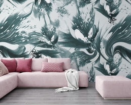 Elegant abstract floral wall mural in teal creating welcoming and stylish guest room space