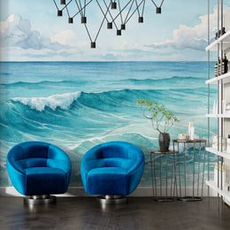 Powerful wave wallpaper with blue gradients adds bold statement to home office interior