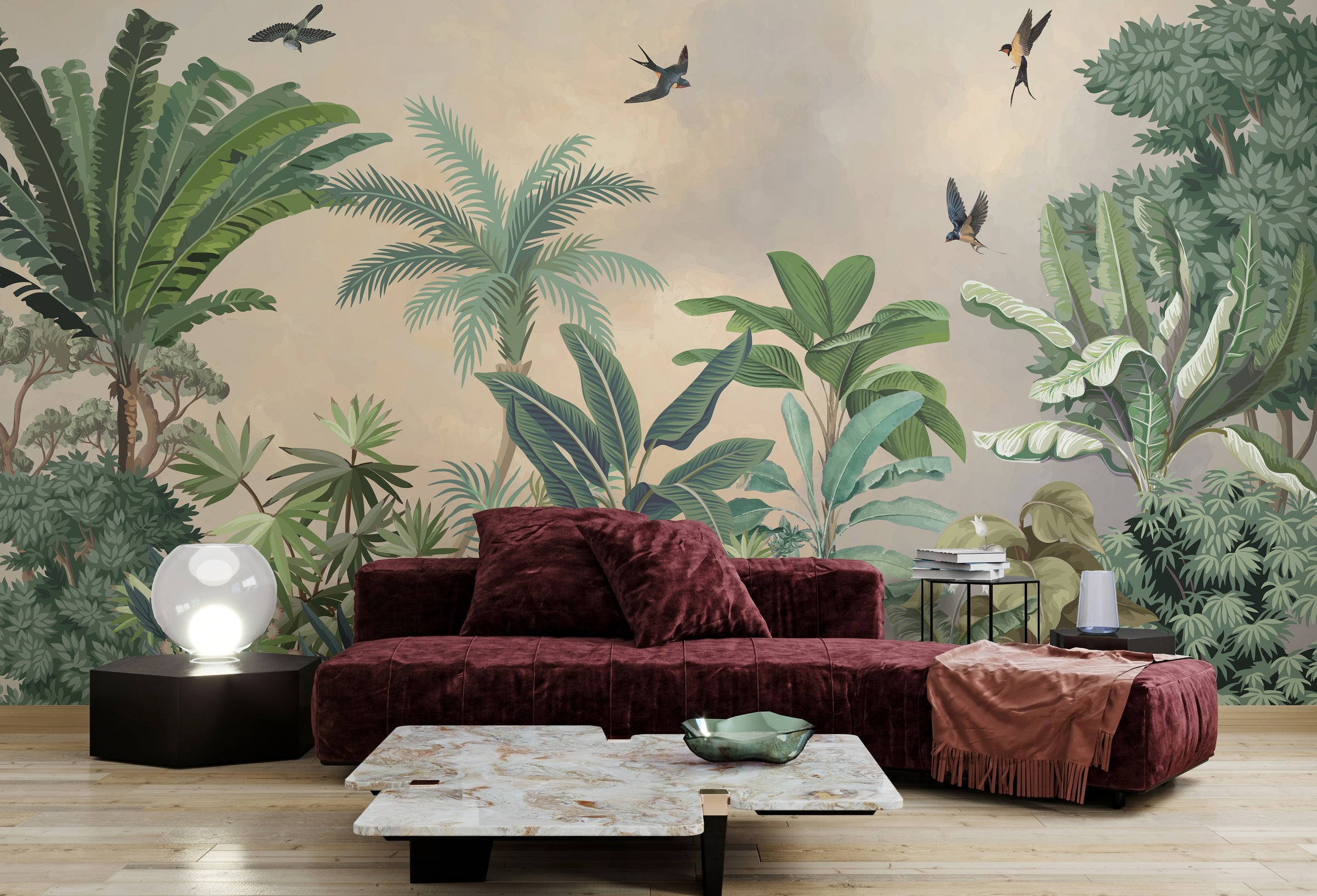 Jungle foliage decorative wallpaper mural highlighting lush tropical greenery suitable for modern apartment living area statement wall.