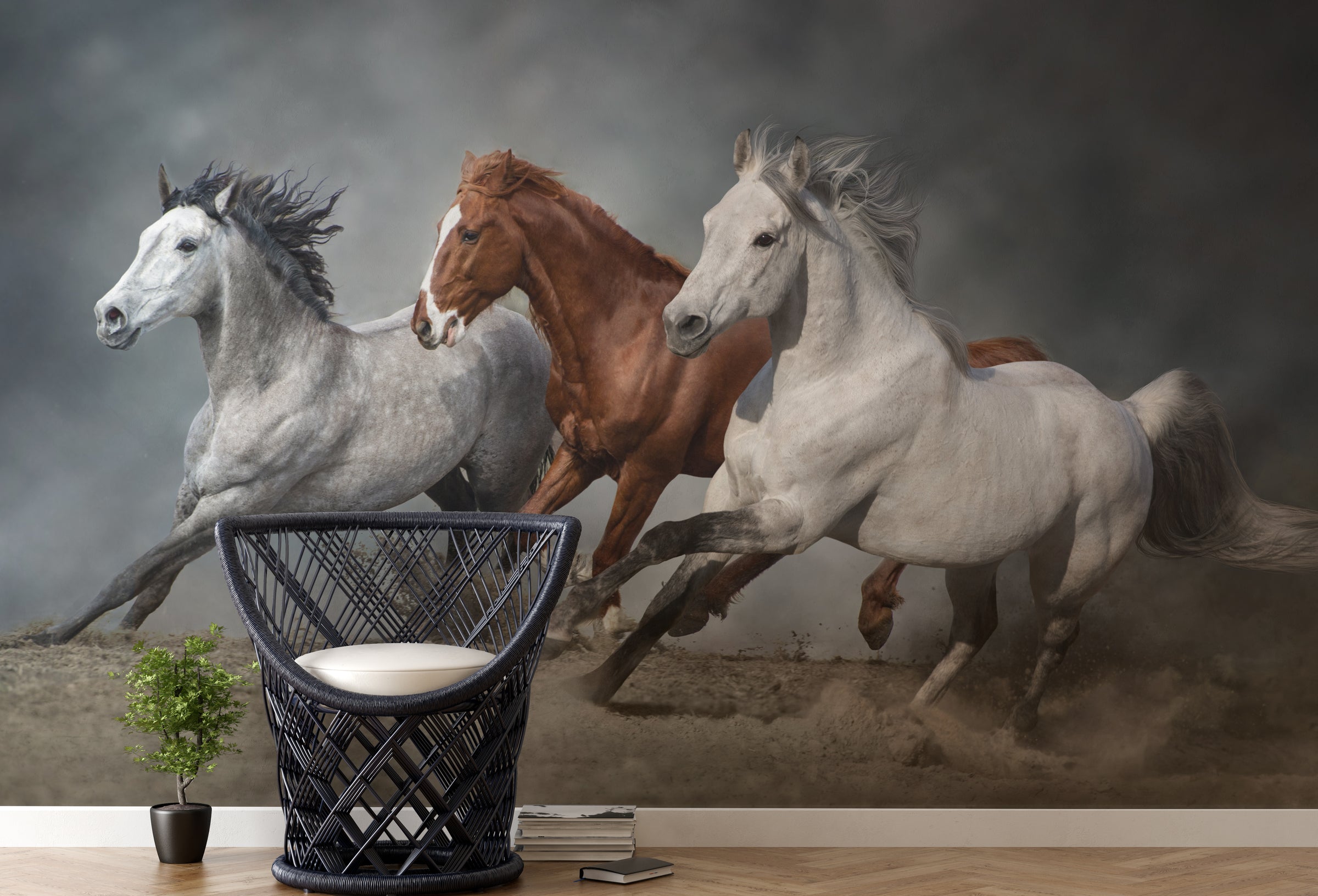 Inspiring study room wall decor featuring running horses wall mural with dynamic galloping motion in grey brown tones, ideal for focused workspace