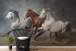 Inspiring study room wall decor featuring running horses wall mural with dynamic galloping motion in grey brown tones, ideal for focused workspace