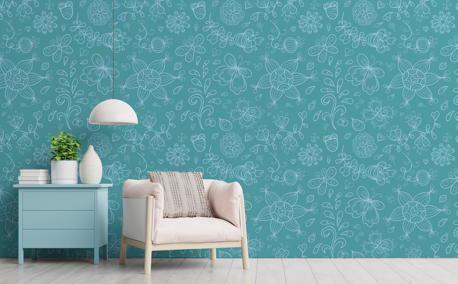 Teal Floral Doodle Wallpaper | Botanical Line Art Peel and Stick Decor