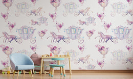 Fairy tale carriage wallpaper in pastel shades, stylish girls playroom wall decor