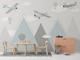 Mountain Adventure Gray Kids Mural | Airplane Air Balloon Removable Wallpaper