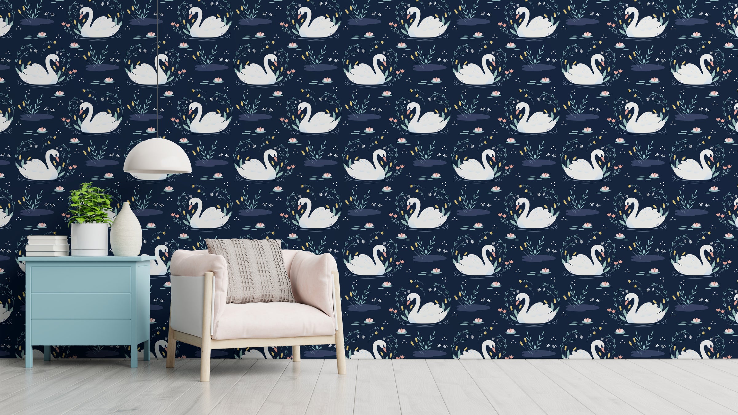 Dark swan pattern with floral botanical design brightening modern living room decor