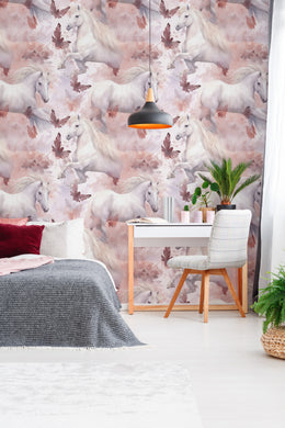 Unicorn wall mural with blush pink clouds, stars for girls bedroom decor