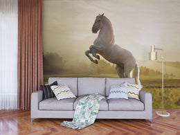 Elegant bedroom wall decor featuring horse wallpaper with majestic white horse in soft beige tones, perfect for calm interiors