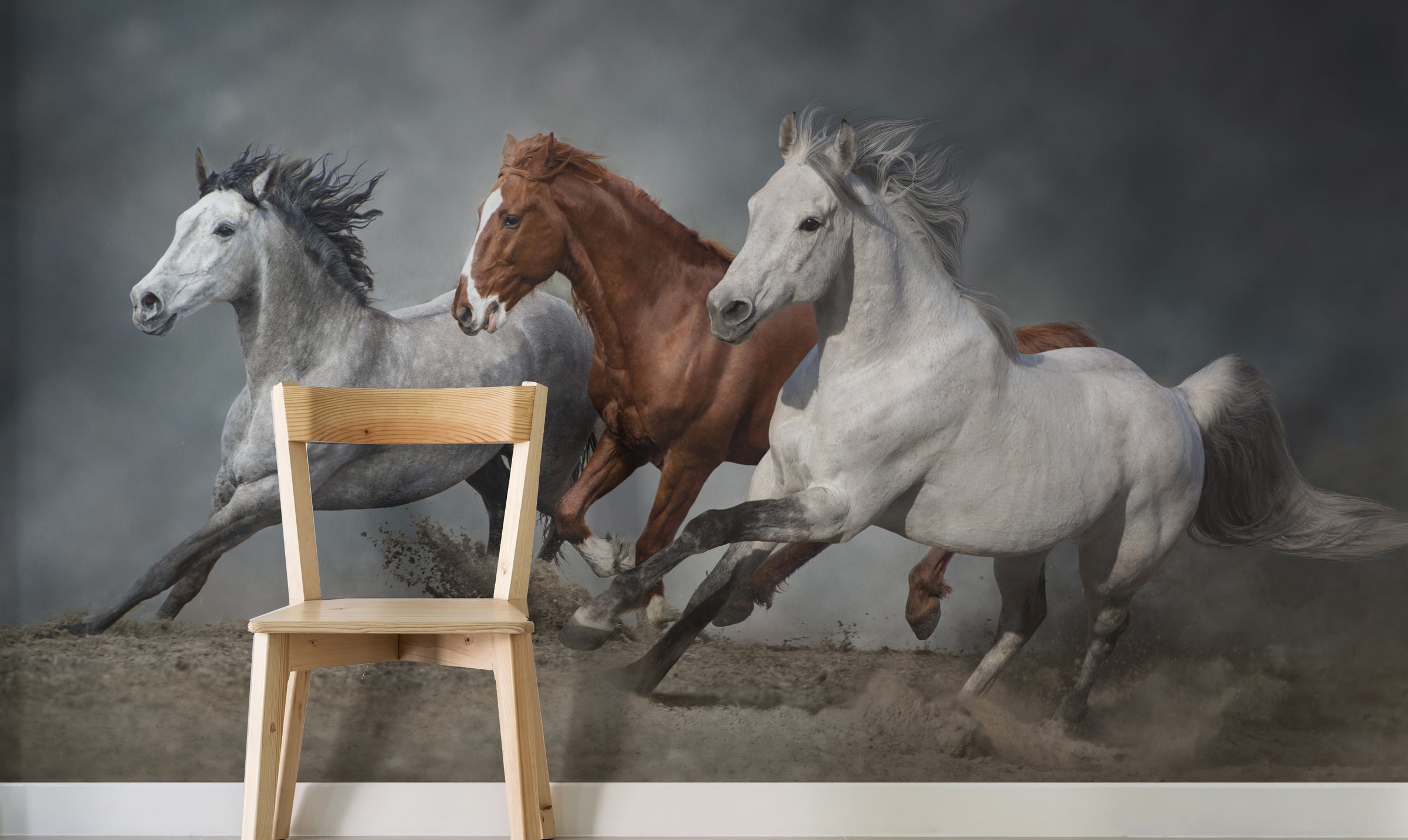 Elegant guest room wall decor featuring running horses wall mural with flowing manes in soft neutral tones, ideal for welcoming modern interiors